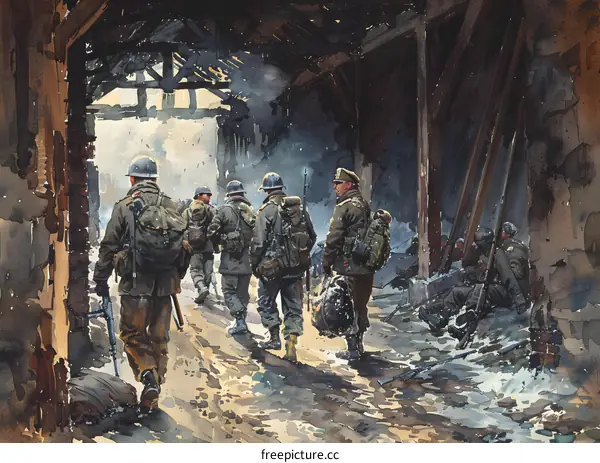 A group of soldiers walking through a destroyed building