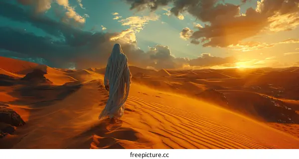 A person walking alone in a vast desert