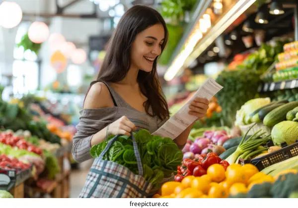 Young woman checking her shopping list while shopping for groceries at the market