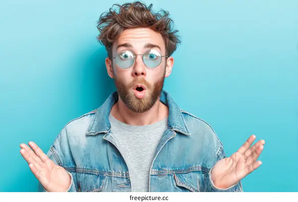 Man with surprised expression in denim jacket