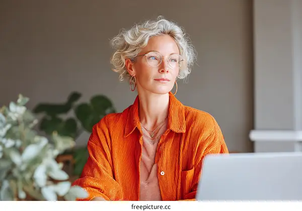 Thoughtful Woman Working on Laptop in Interior Setting