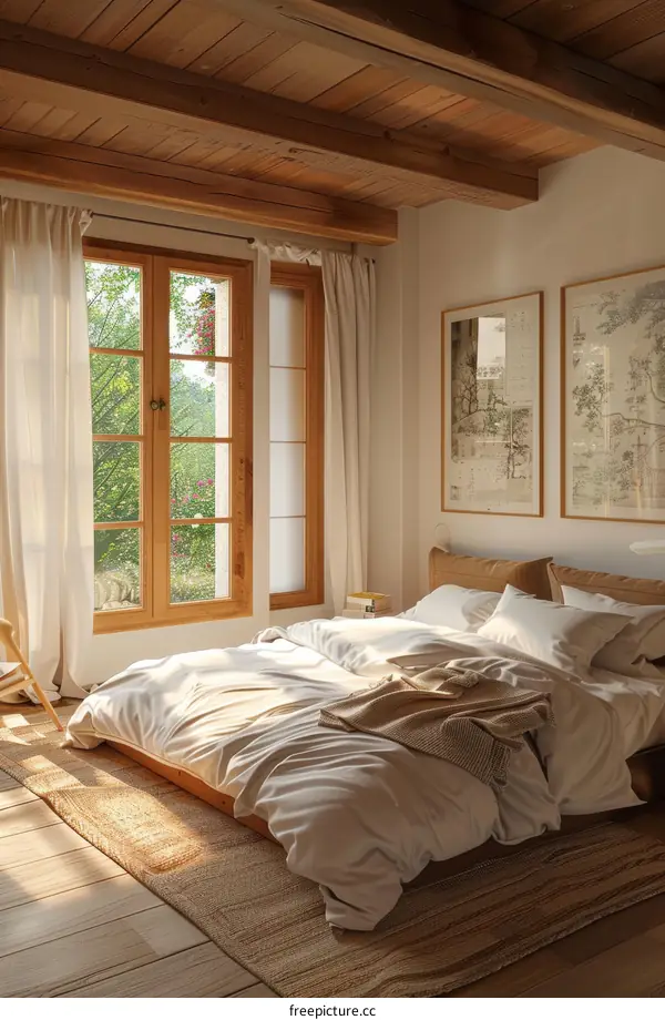 A bedroom with a large bed, a rug, and a few pieces of furniture