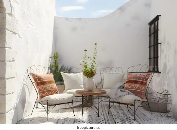 White Wall Courtyard with Metal Chairs and Flower Vase