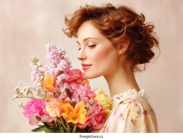 Woman with Flowers in Profile View