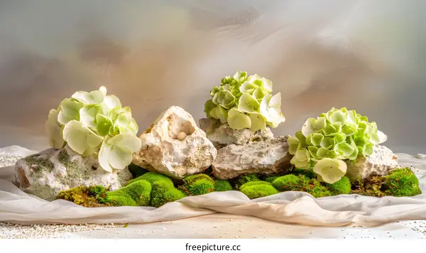 Green Hydrangea Flowers on Rocks and Moss