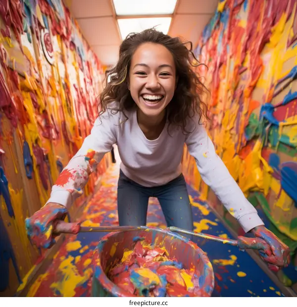Joyful woman covered in multi-colored paint in a colorful room