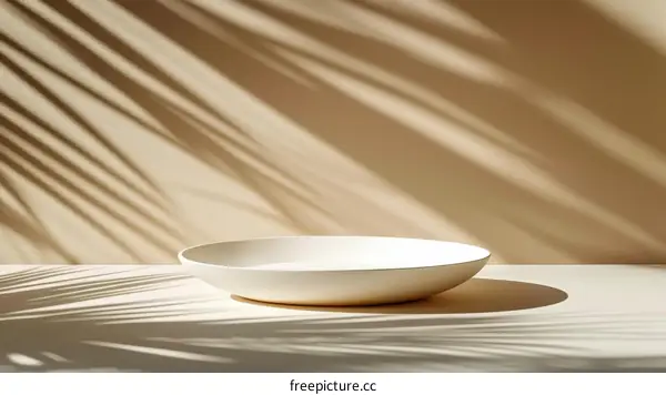 Empty White Bowl on Beige Background with Palm Leaf Shadows
