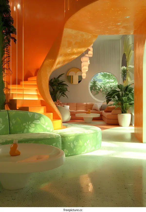 Modern Interior Design with Curved Staircase and Green Sofa