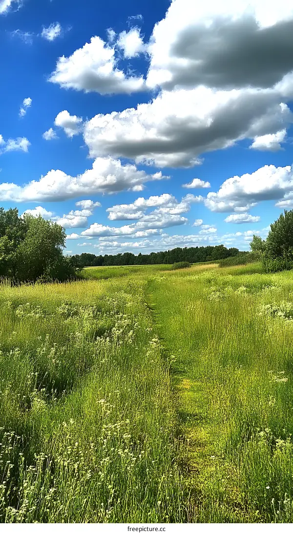 Green Grass Field with Path and Cloudy Sky