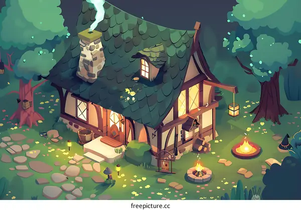 Nighttime Cottage in a Magical Forest Illustration