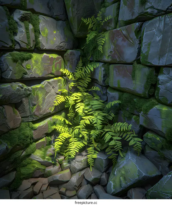 Green Fern Plant Growing on Stone Wall