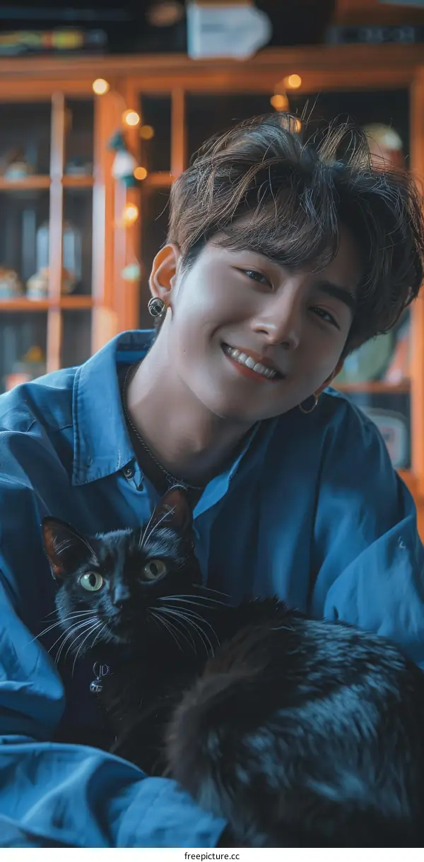 A young man with a black cat on his lap is smiling at the camera