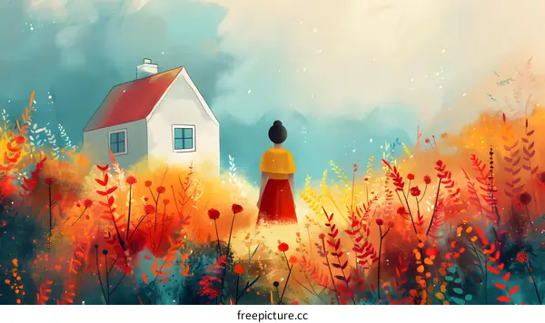 A woman standing in a field of flowers looking at a house