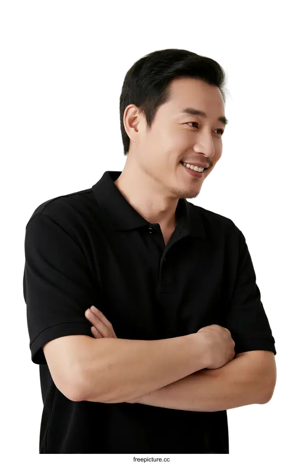 [Transparent Background PNG]A man in black polo shirt with arms crossed and smiling