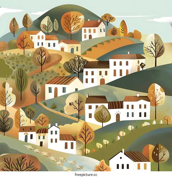 Autumn Village Illustration With White Houses And Trees