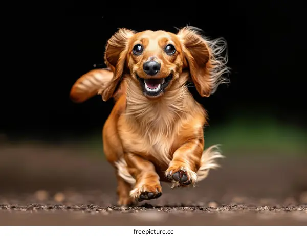 A happy brown dachshund running