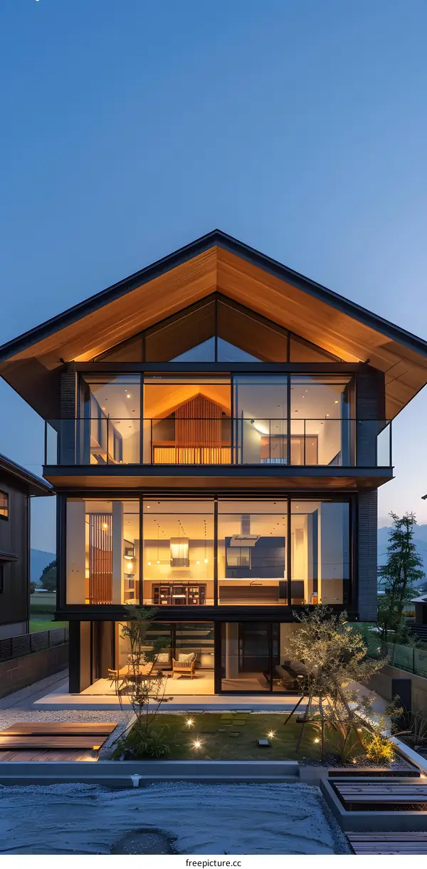 Modern Japanese Home with Glass Walls and a Wooden Roof