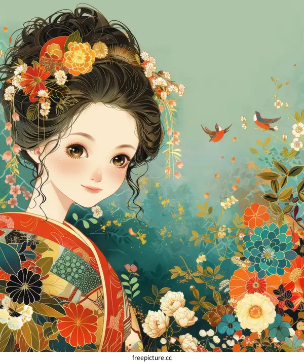 A beautiful illustration of a young woman in a kimono with flowers in her hair