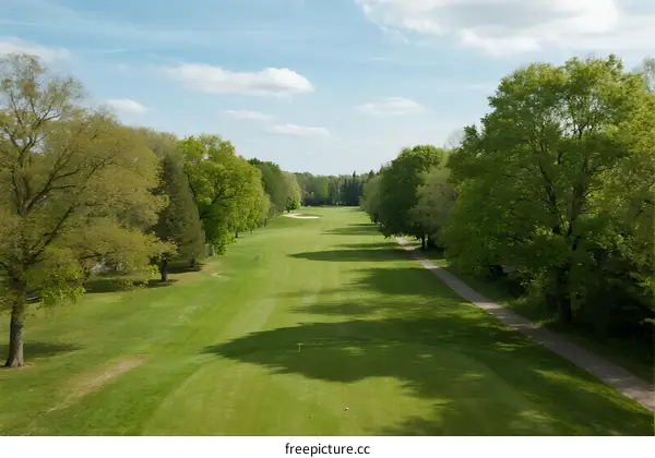 A wide green golf course with trees on both sides under a clear sky