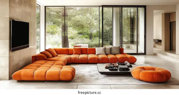 Modern Luxury Living Room with Orange Sofa