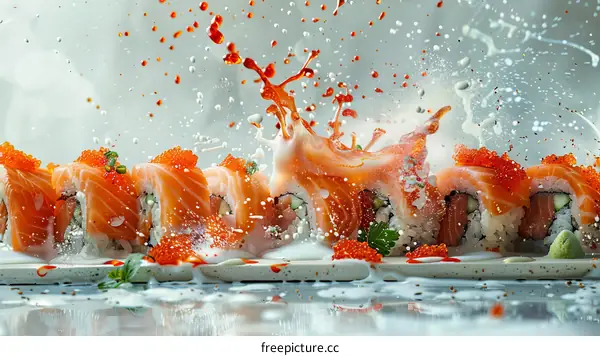 Sushi Rolls with Salmon, Caviar, Cucumber, and Parsley