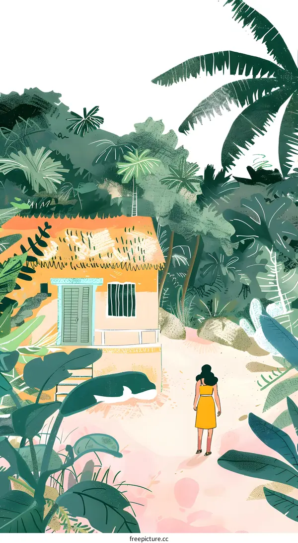 Woman Walking Towards a House in the Jungle