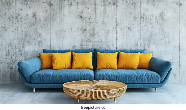 Modern Living Room with Blue Sofa and Yellow Pillows