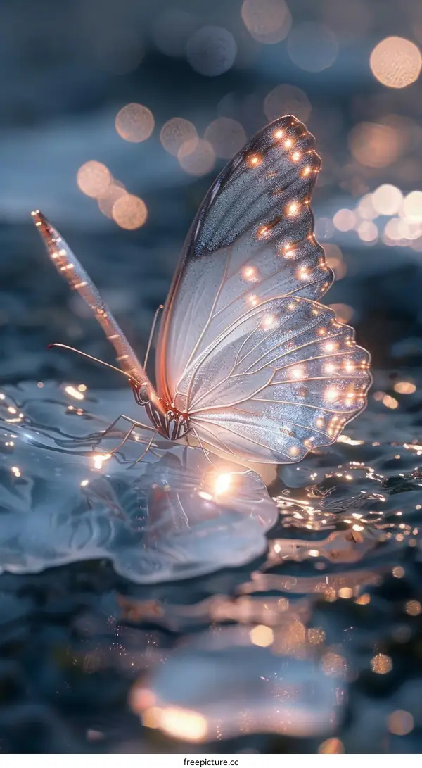 A butterfly with shimmering wings rests on a leaf in a pond