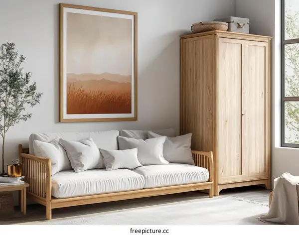 Modern Living Room with Light Wooden Furniture and Artwork