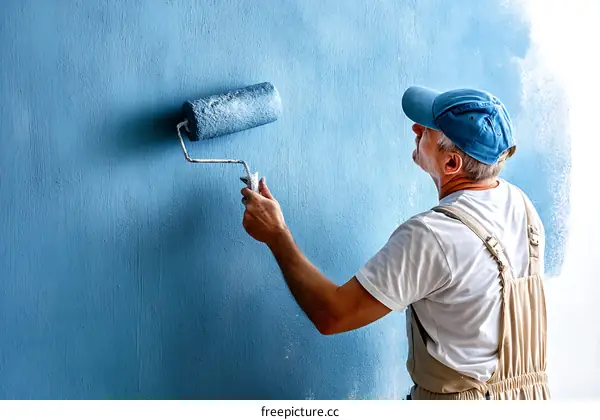 Worker Painting a Blue Wall Interior Home Improvement
