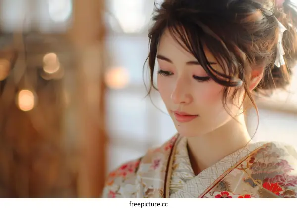 Portrait of a beautiful Japanese woman in traditional kimono