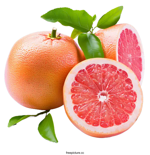 [Transparent Background PNG]Fresh Ripe Pink Grapefruit Fruit With Green Leaves