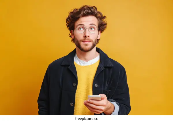 Young Man Holding Smartphone Against Vivid Yellow Background