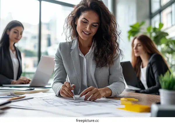 Three Businesswomen Working on Architectural Plans