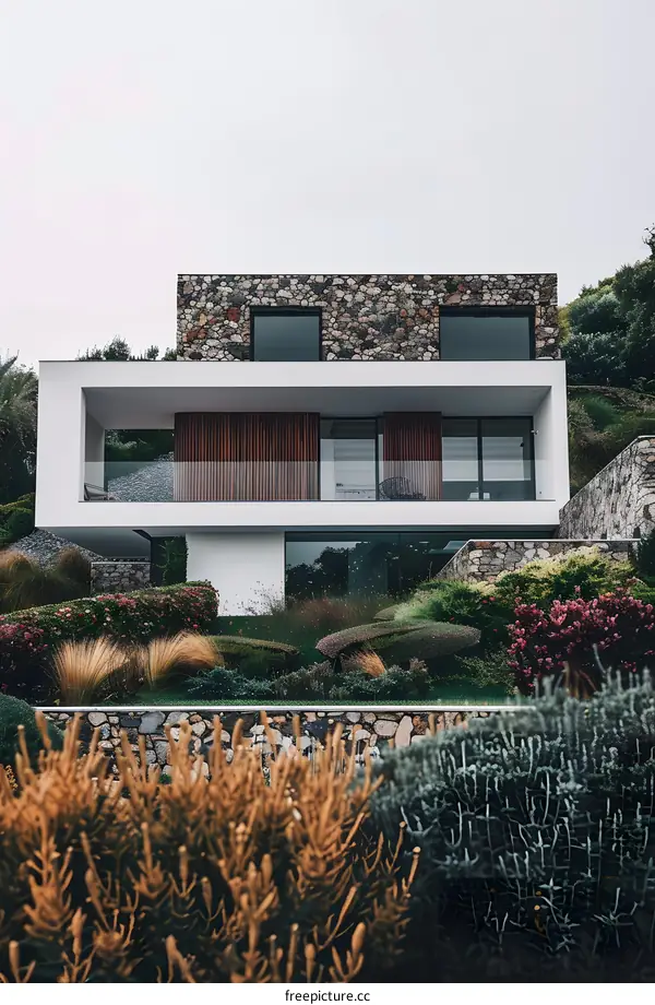Modern Minimalist Home With Stone Facade And Lush Greenery