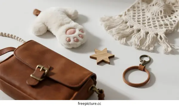 Brown leather bag with white plush toy and wooden star keychain on white table
