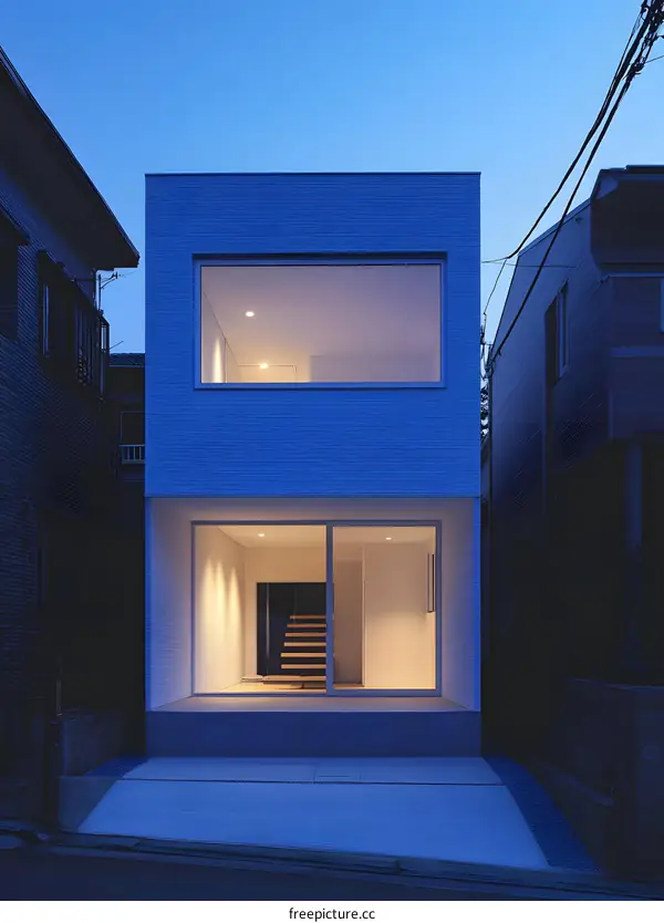 Modern White House with Large Windows at Dusk