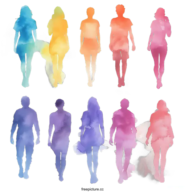 [Transparent Background PNG]Colorful Silhouettes of Diverse People Walking