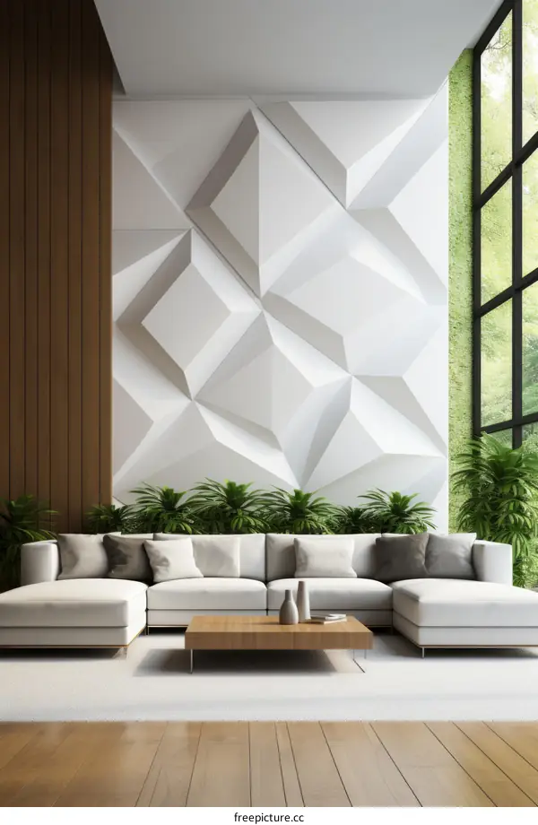 Modern Living Room with White Sofa and Green Plants