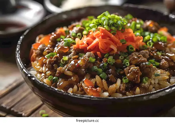 A bowl of gyudon, a Japanese dish consisting of beef and rice.