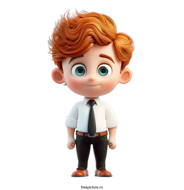 [Transparent Background PNG]A 3D illustration of a boy wearing a white shirt and black pants