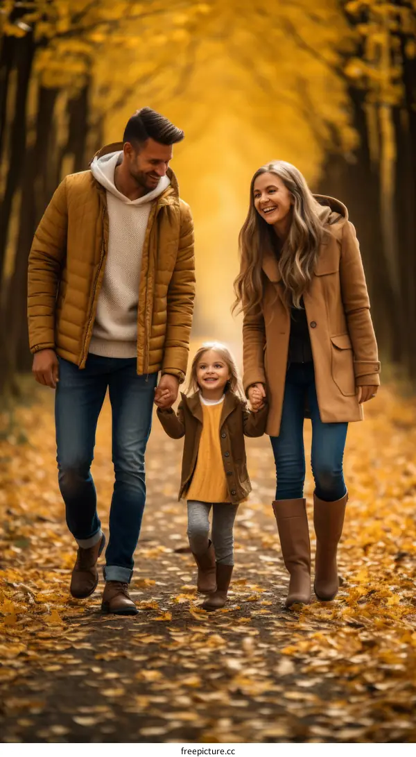 Family of three walking in the autumn forest