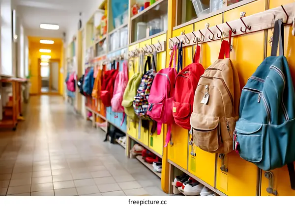 Colorful Backpacks Hanging in School Corridor