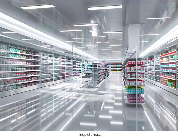 Empty Supermarket Interior with White Shelves and Products