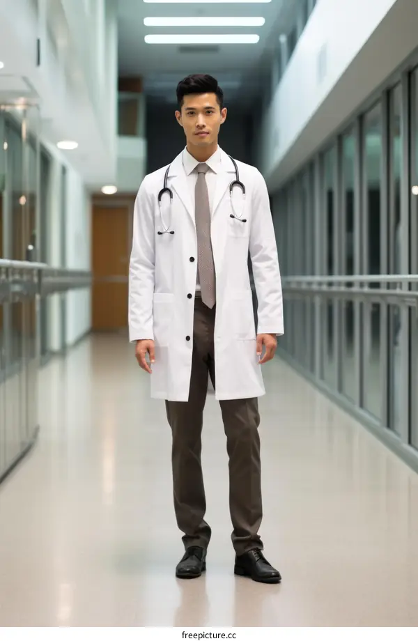 Asian male doctor in white coat and stethoscope around neck
