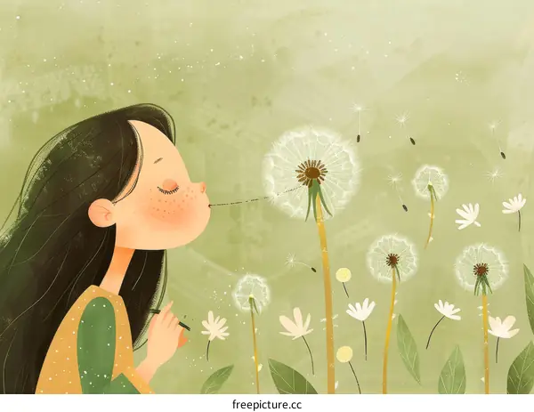Little Girl Blowing Dandelion Seeds in a Meadow