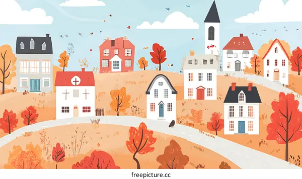 Charming Autumn Village Illustration with Houses and Trees