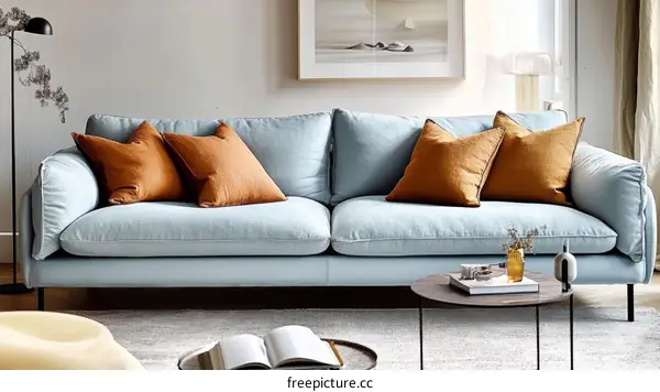 Light Blue Sofa with Mustard Cushions in Modern Living Room