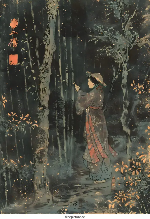 Japanese Woman in a Forest with a Lantern