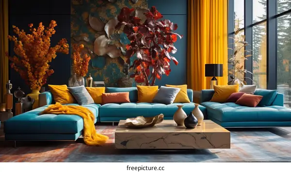 A Blue and Yellow Living Room with Modern and Elegant Design